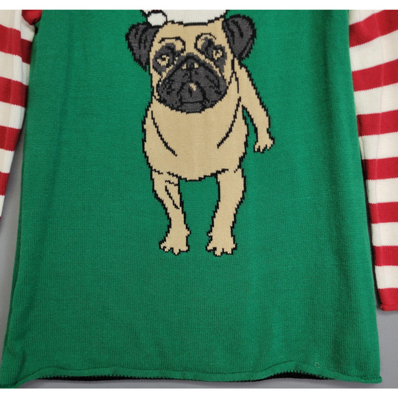 Ugly Christmas Sweater Womens Large Green Pug Santa Hat Striped Sleeves - Picture 4 of 13